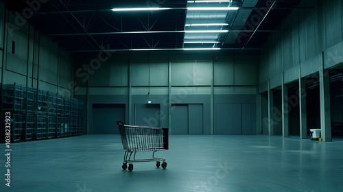 Sleek and Expansive Warehouse Setting Highlighting a Single Shopping Cart in a Pristine Environment