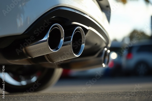 Custom exhaust system with dual tips revving with a deep throaty sound.