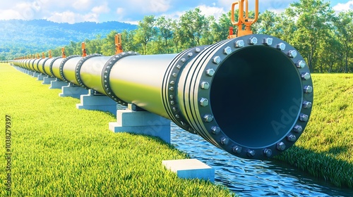 Pipeline Crossing: A pipeline passing beneath a riverbed via an underground tunnel. The water flows undisturbed above. 