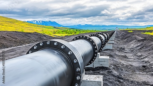 Pipeline Transportation: A long pipeline stretching across a barren landscape, disappearing into the distant hills. 