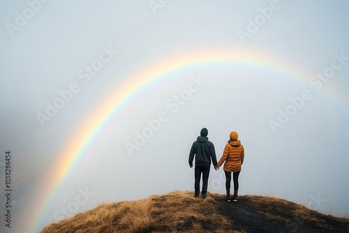 A rainbow arcing over two people holding hands on a hilltop, Symbol of hope, Connected beauty