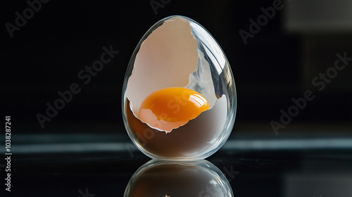 egg on black background, transparent egg shell, an egg that reveal the yolk inside. Generative AI