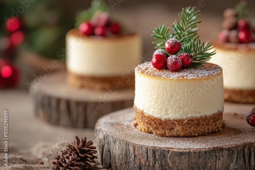 holiday dessert display, mini cheesecakes displayed on a rustic wooden table with christmas decorations in the background and space for text