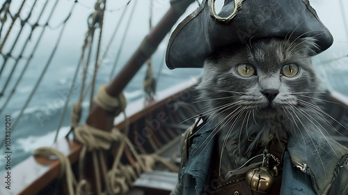 feline pirate adventure, a gray russian blue cat with hazel eyes dressed as a pirate on a stormy ship, resembling pirates of the caribbean still