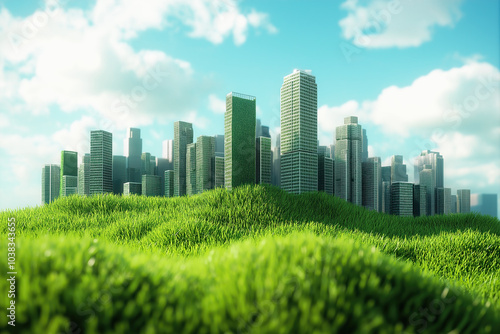 cityscape of future behind grassy landscape, modern skyline in the background, eco friendly buildings for sustainable development, photorealistic