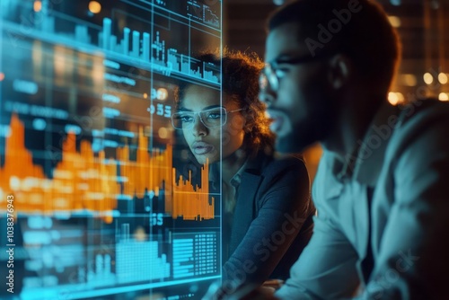 Financial analysts reviewing exchange growth diagrams with key data points and trends highlighted