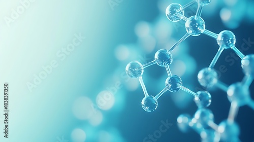 A close-up view of a molecular structure with glowing interconnected spheres representing atoms, set against a sleek, blurred blue gradient background.