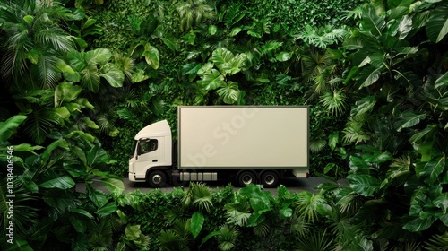 A photo capturing the moment a sustainable truck arrives at a distribution center surrounded by lush greenery