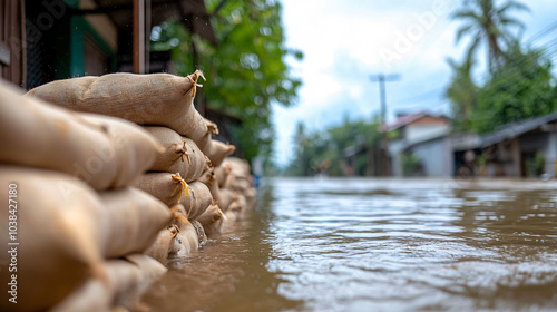 Flooded street with sandbags stacked along swollen riverbank, showcasing impact of heavy rainfall. scene reflects urgency of flood prevention measures