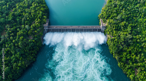 Aerial view of large dam acting as flood barrier, with water cascading down and surrounded by lush greenery. scene captures power of nature and engineering