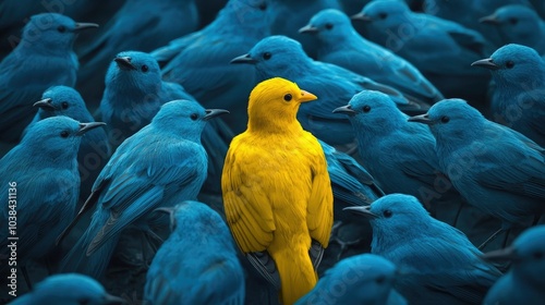 A vivid image featuring a bright yellow bird standing out among a large group of uniformly colored blue birds.