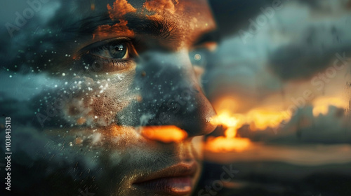 A close-up of a personâs face reflected in a window, with a stormy sky outside, symbolizing inner turmoil and moral conflict.