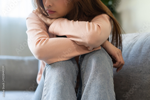 Sad, unhappy. Alone asian young woman, girl expression face thinking about problem, difficulty, feeling failure and exhausted, suffering from loneliness, grief sorrow and bad relationship or break up.