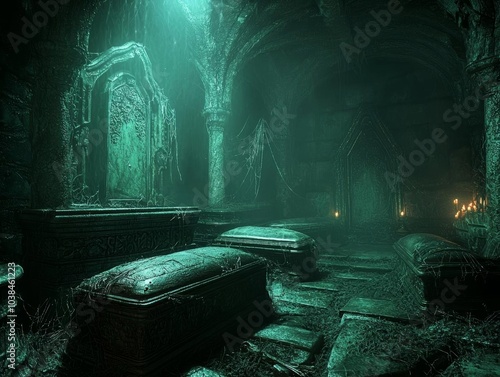 Mysterious crypt with ancient tombs and eerie green lighting.