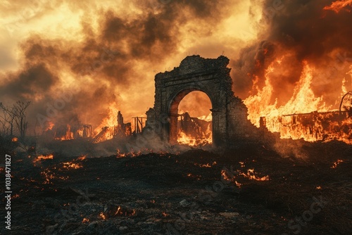 Dramatic landscape with ancient ruins and raging fire