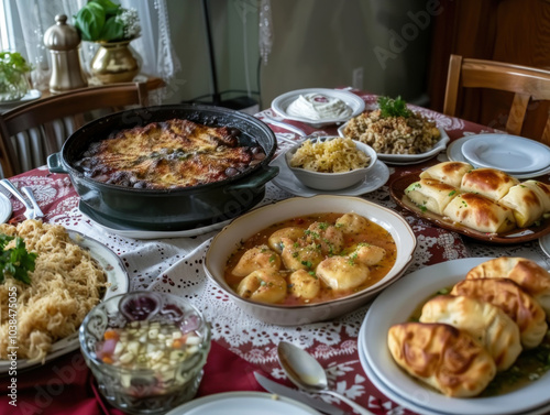 A traditional Eastern European table with hearty dishes like borscht, pierogi, and stuffed cabbage, served in a cozy home setting.