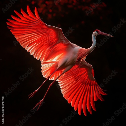 A stunning image of a vibrant red bird in flight showcases its majestic wings. The striking colors and elegant form create a sense of movement and vitality. Perfect for nature lovers. AI