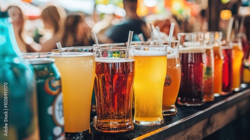 Craft beer alternatives like alcohol-free IPAs, fruity sodas, and exotic non-alcoholic drinks on display at an Oktoberfest stand, with people sampling unique beverages.