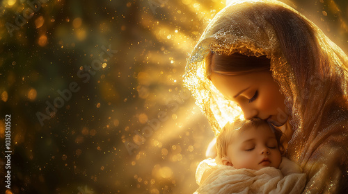 Virgin Mary with infant Jesus, glowing with divine light, detailed Christmas Nativity scene