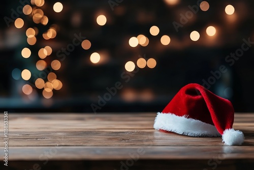 A solitary Santa hat rests on a wooden table, surrounded by a soft blur of golden lights in the background, capturing the essence of a quiet holiday moment.