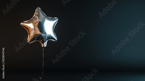 A silver star-shaped balloon floating on an isolated black background, gleaming under soft light