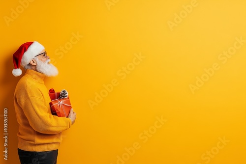 Bearded man in Santa hat and orange sweater holds wrapped gifts, contemplating the holiday spirit, against vibrant yellow backdrop, evoking warmth and gratitude.