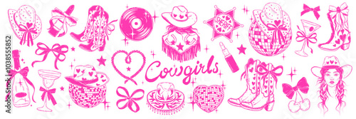 Cowgirl coquettish groovy party icon set vector hand drawn western bachelorette dancing doodle. American traditional hat, cowboy boots, disco ball, country woman face. Pink ribbon, cowgirl party print