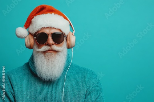 Santa Claus, wearing a teal sweater and orange headphones, stands against a teal background, embodying a blend of modernity and classic holiday spirit.