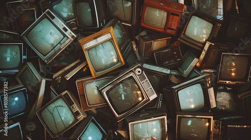 Old televisions devices pilled up on a junkyard