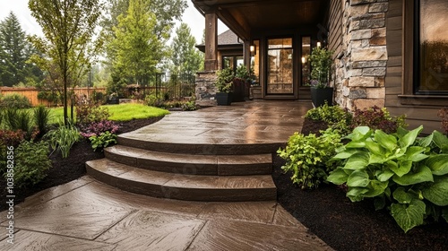 Elegant stamped concrete patio leading to a rustic home entrance, designed to resemble natural flagstone, surrounded by lush greenery