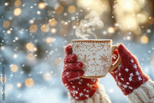 Warm hands holding a steaming cup of cocoa in a serene winter wonderland. Generative AI