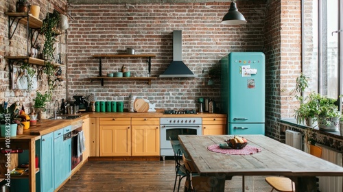 A fun and eclectic kitchen with mismatched colorful cabinets and furniture, creating a lively and creative space.