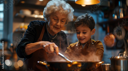 A grandma senior woman patiently guides her young nephew grandson how to cook