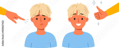 Different approaches to raising child, and use of praise or blame in form of gestures. Process of raising boy who loves positive attitude and gets upset because of reproaches that violate child psyche