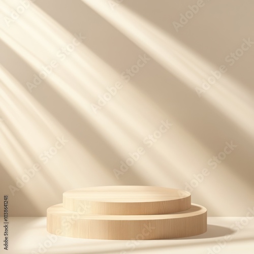 Elegant wooden podiums illuminated by soft rays of light against a neutral background.