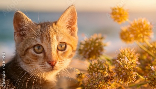 Un gato rodeado de flores, durante un atardecer en la playa