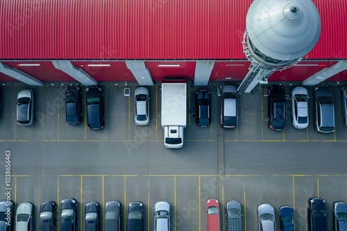 CCTV security camera captures delivery truck in action at logistics retailer warehouse parking lot with cars