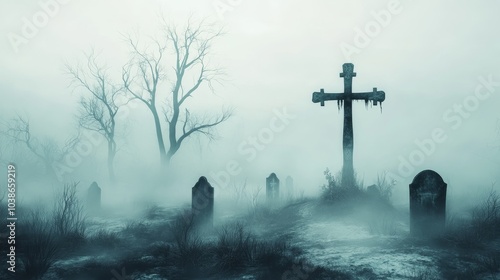 Eerie graveyard shrouded in fog, mysterious tombstones rise against a haunting backdrop, immersive 3D illustration captures the unsettling atmosphere