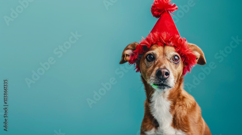 Adorable dog partying with a blowout and red pary hat on a blue backdrop with copy space