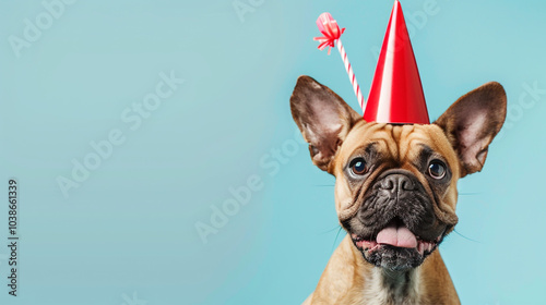 Adorable dog partying with a blowout and red pary hat on a blue backdrop with copy space