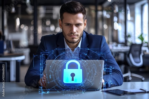 Cybersecurity concept of Handsome businessman in suit at workplace working with laptop to defend customer cyber security