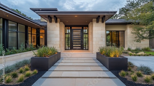 Modern Architectural Home Entrance with Landscaping