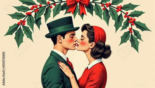 Mistletoe kiss illustration of a couple celebrating Christmas with festive decorations