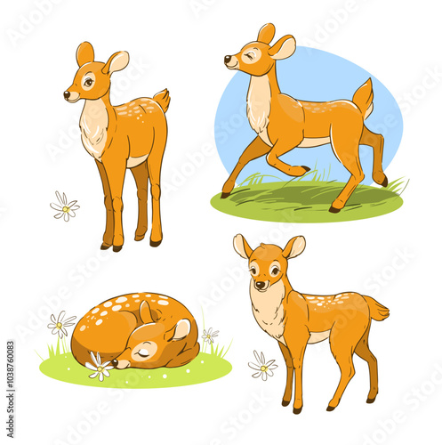 Cartoon baby deer, hand drawn, vector illustration set