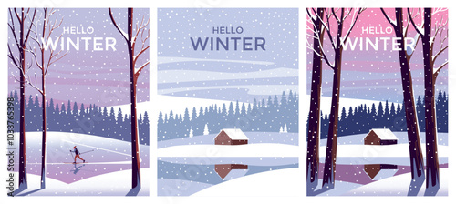 Vector Set of 3 winter season landscapes. Snow covered trees in the first plan and house on the edge of the forest under the snow in the background. Trendy handmade drawing vector illustration.