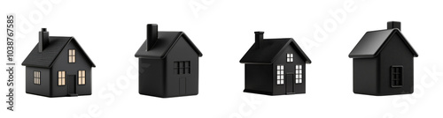 A collection of four sleek black house models isolated on a transparent background, symbolizing real estate and homeownership