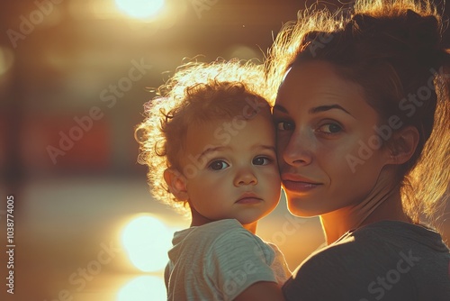 Warm Sunset Embrace: Mother and Child in Golden Hour Light