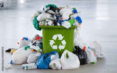 Overflowing recycle garbage bin with trash and plastic waste