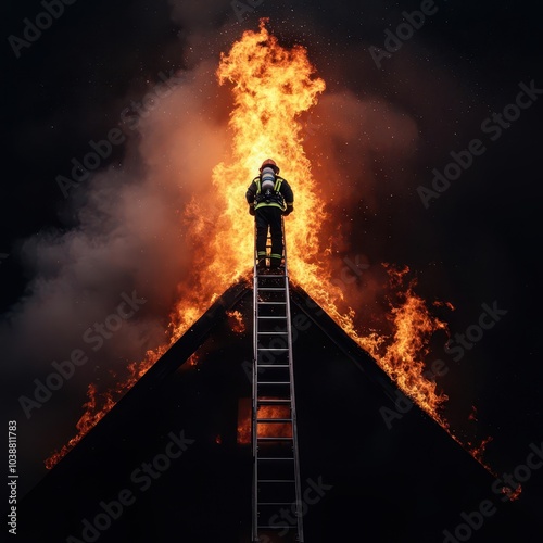 Firefighter using a ladder to save a person trapped on the roof of a burning house, dramatic rescue moment, urban firefighting concept