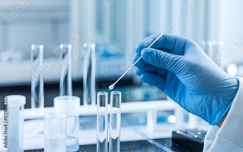 Scientist hand using cotton swab on test tube in laboratory to take sample